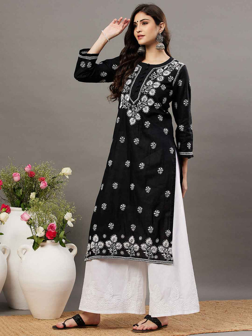 Black cotton kurta with chikankari