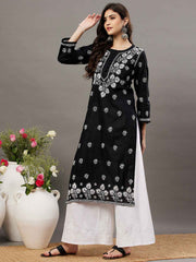 Black cotton kurta with chikankari