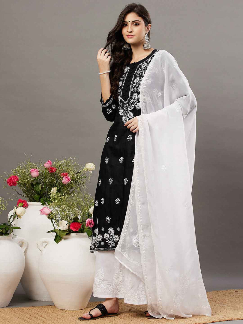Black cotton kurta with chikankari