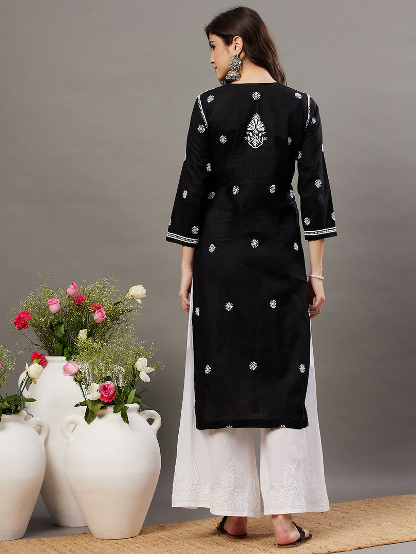 Black round neck cotton kurta with all over chikankari zaal - Rakhi Apparels