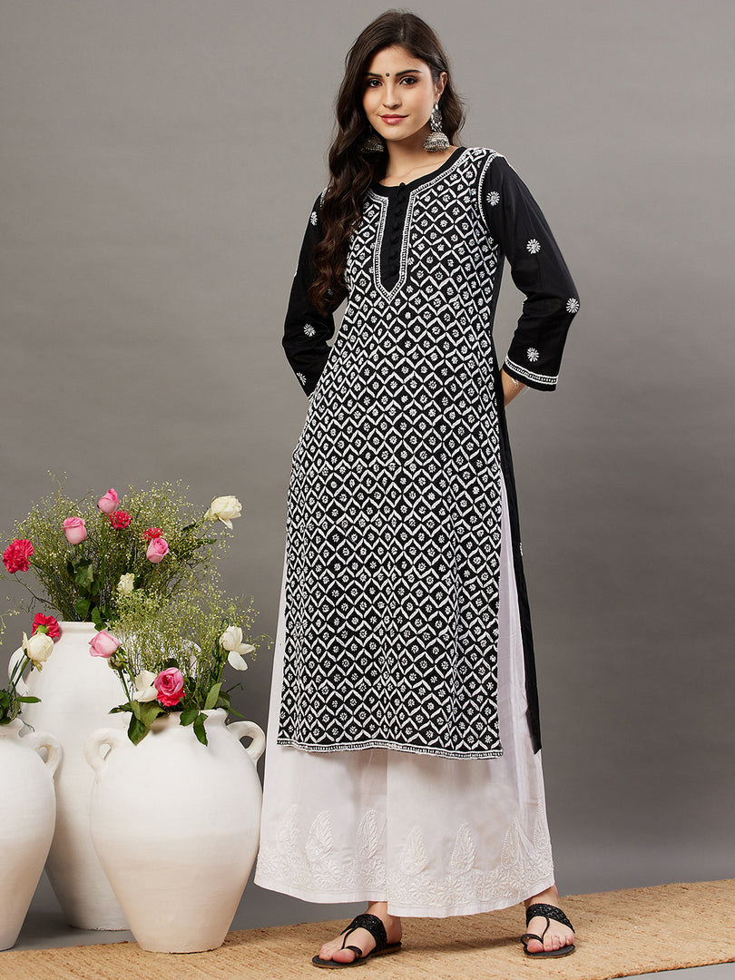 Black round neck cotton kurta with all over chikankari zaal - Rakhi Apparels