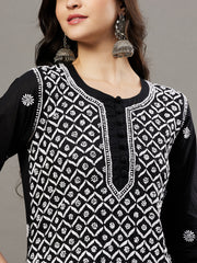 Black round neck cotton kurta with all over chikankari zaal - Rakhi Apparels