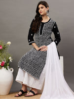 Load image into Gallery viewer, Black round neck cotton kurta with all over chikankari zaal - Rakhi Apparels
