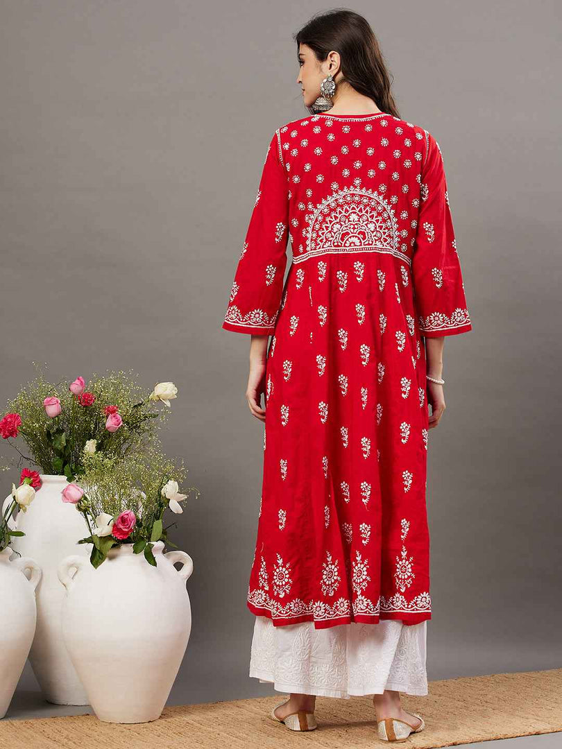 Red round neck cotton anarkali with chikankari