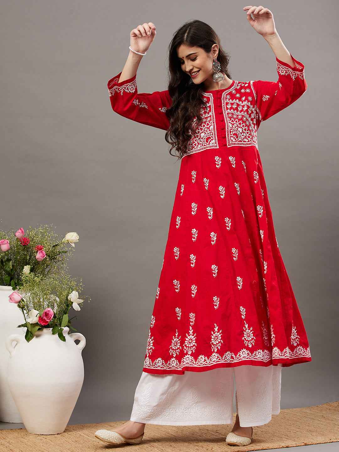 Red round neck cotton anarkali with chikankari