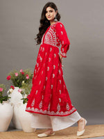 Load image into Gallery viewer, Red round neck cotton anarkali with chikankari
