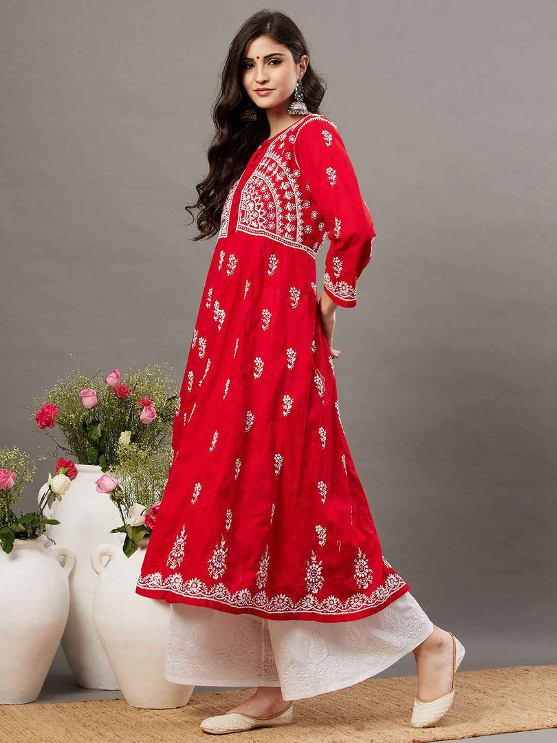 Red round neck cotton anarkali with chikankari