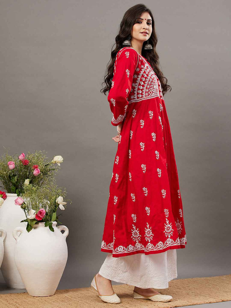 Red round neck cotton anarkali with chikankari
