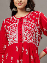 Red round neck cotton anarkali with chikankari