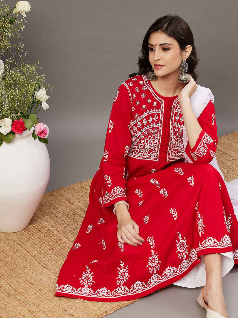 Red round neck cotton anarkali with chikankari
