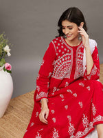Load image into Gallery viewer, Red round neck cotton anarkali with chikankari
