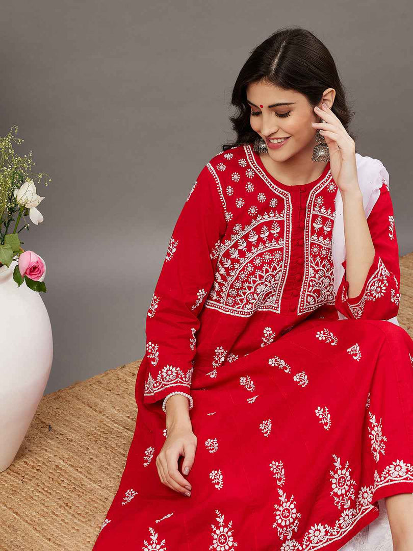 Red round neck cotton anarkali with chikankari