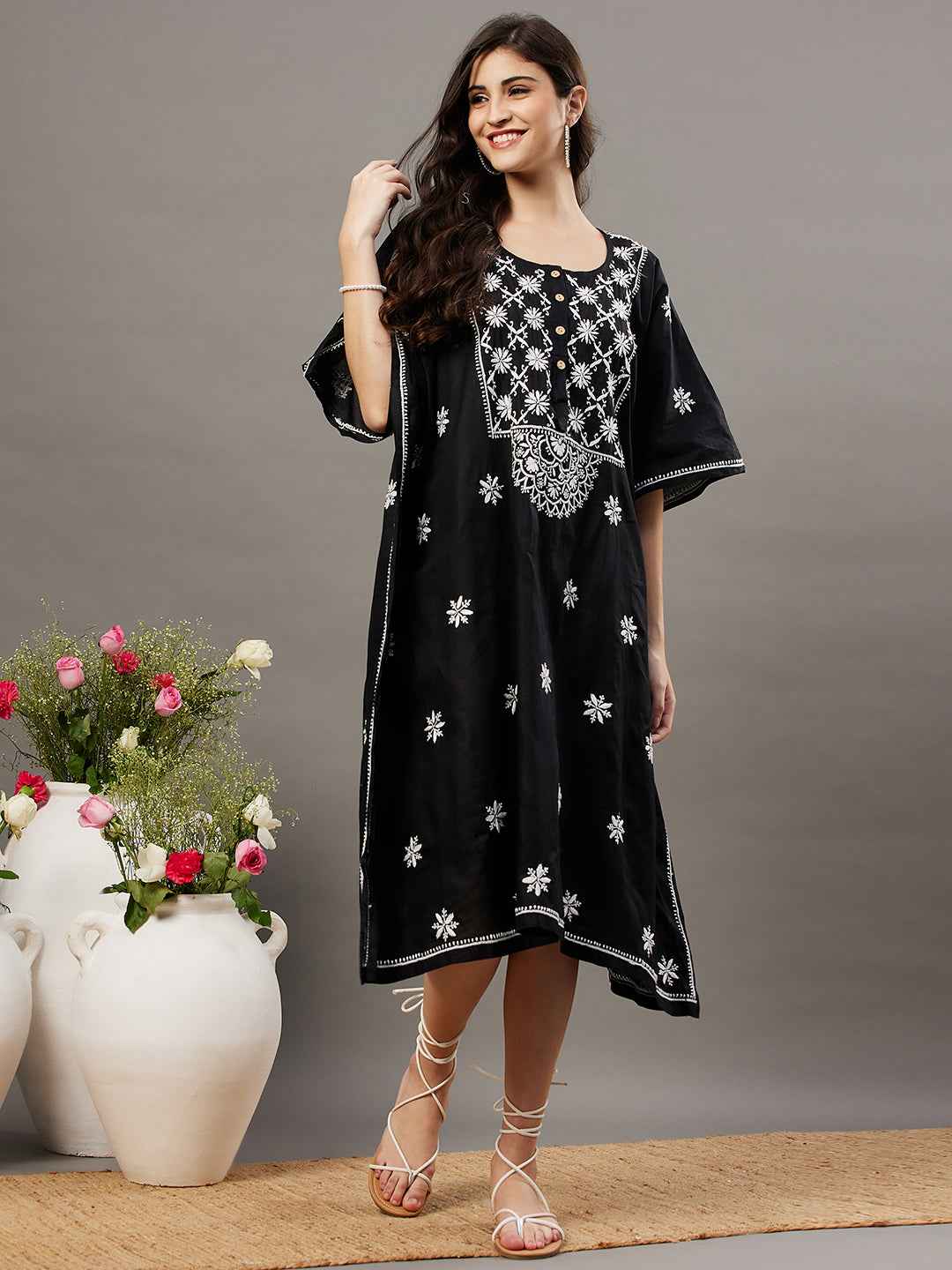 Black cotton chikankari kaftan with buttons