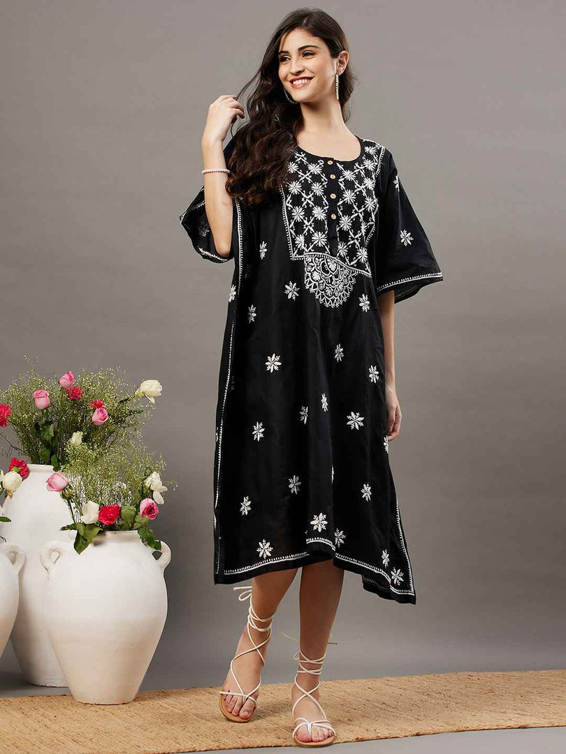 Black cotton chikankari kaftan with buttons