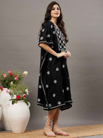 Load image into Gallery viewer, Black cotton chikankari kaftan with buttons
