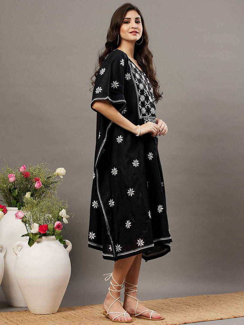 Black cotton chikankari kaftan with buttons