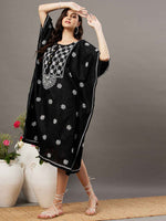 Load image into Gallery viewer, Black cotton chikankari kaftan with buttons
