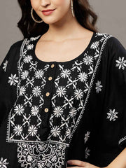 Black cotton chikankari kaftan with buttons