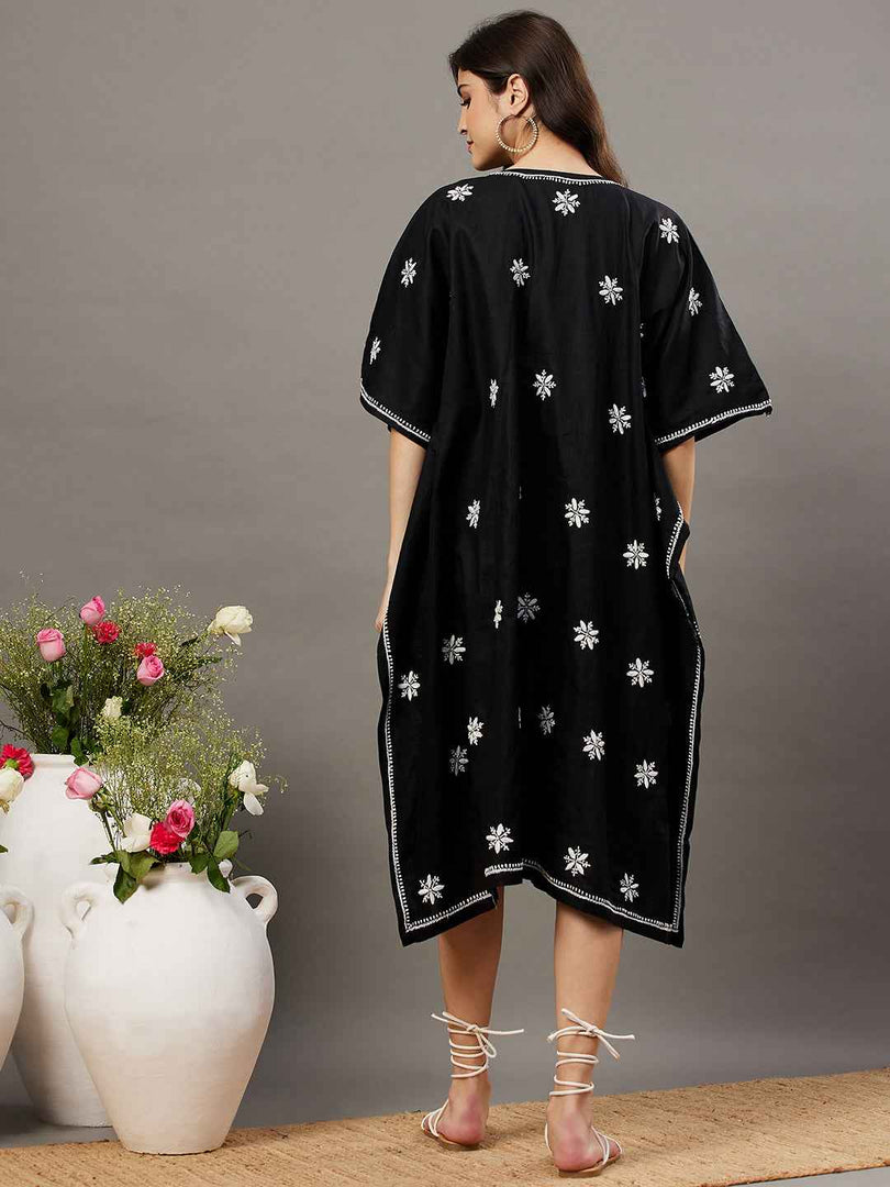 Black cotton chikankari kaftan with buttons