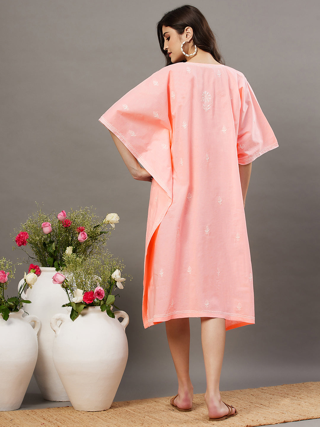 Peach cotton round neck kaftaan with front buttons