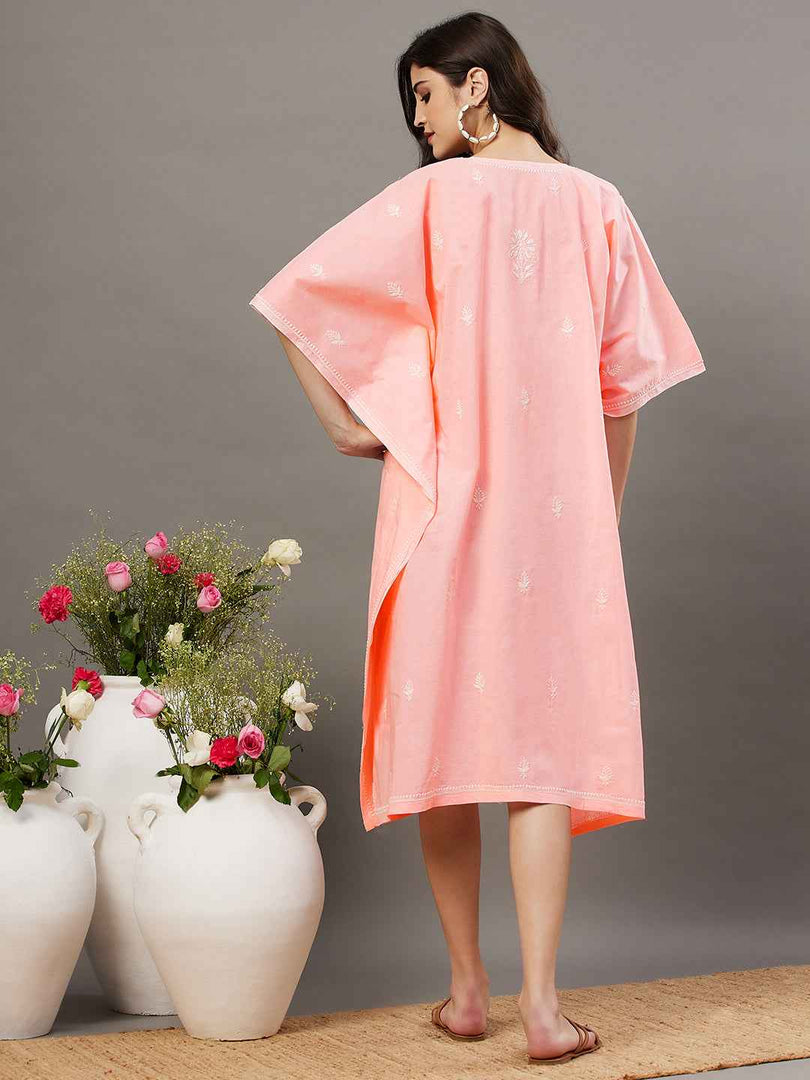 Peach cotton chikankari kaftan  with front buttons