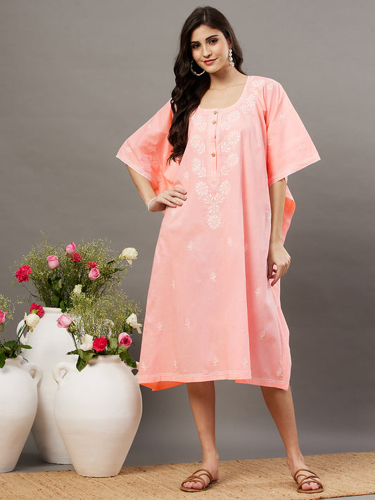 Peach cotton round neck kaftaan with front buttons