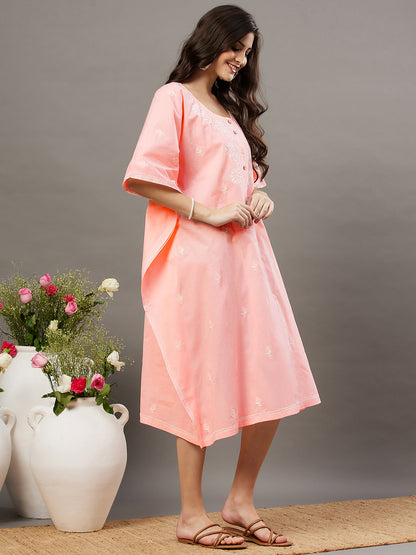 Peach cotton round neck kaftaan with front buttons