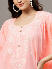 Peach cotton chikankari kaftan  with front buttons