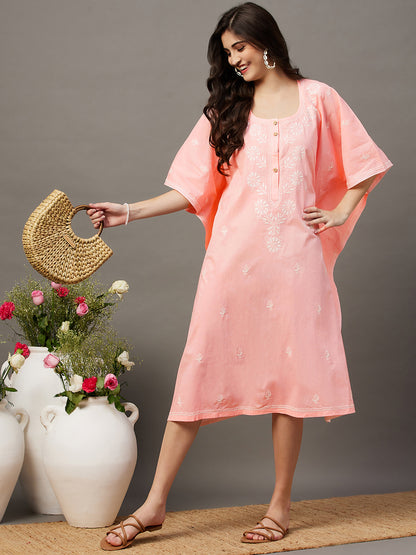 Peach cotton round neck kaftaan with front buttons