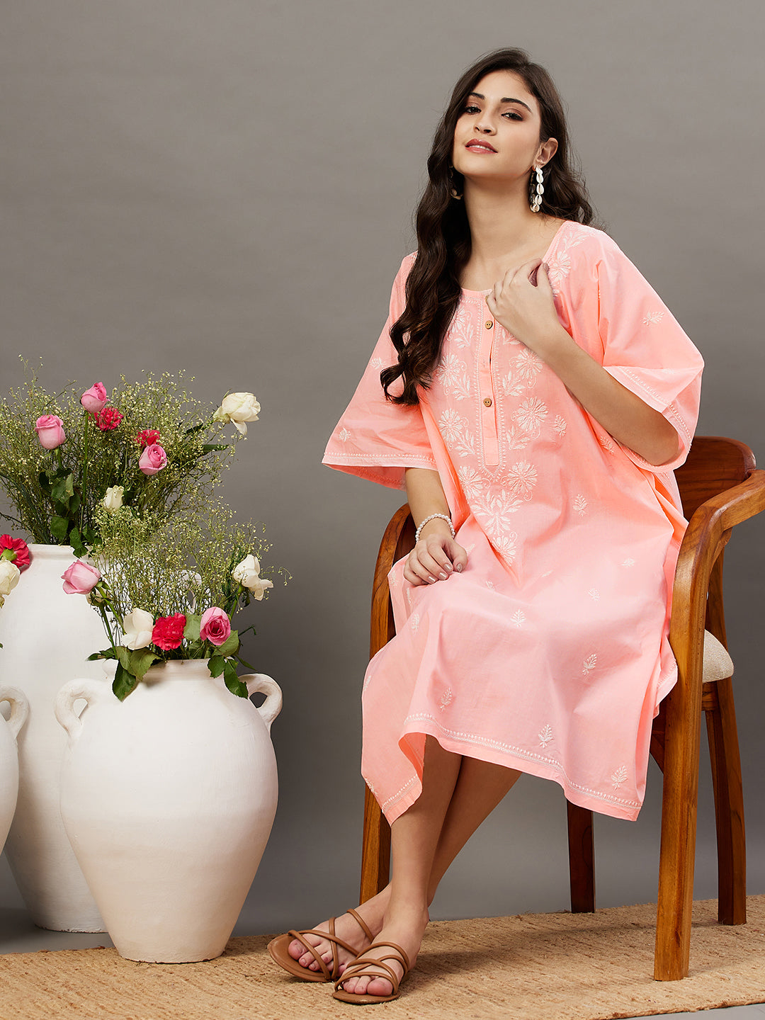 Peach cotton round neck kaftaan with front buttons