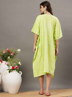 Load image into Gallery viewer, LIME GREEN cotton chikankari kaftan wityh front buttons

