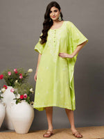 Load image into Gallery viewer, LIME GREEN cotton chikankari kaftan wityh front buttons
