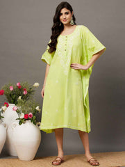 LIME GREEN cotton chikankari kaftan wityh front buttons