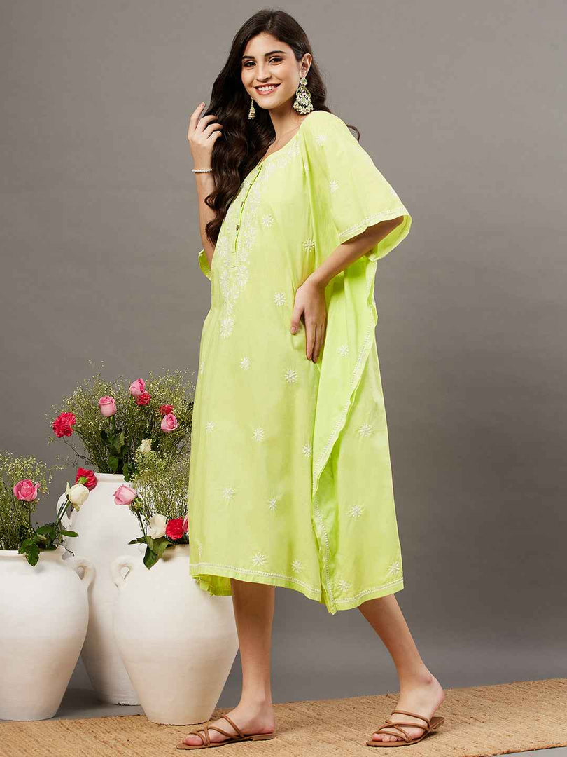 LIME GREEN cotton chikankari kaftan wityh front buttons