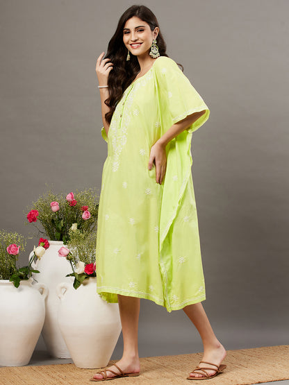 green cotton round neck kaftaan with front buttons