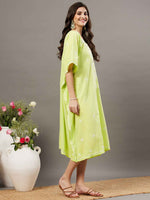 Load image into Gallery viewer, LIME GREEN cotton chikankari kaftan wityh front buttons
