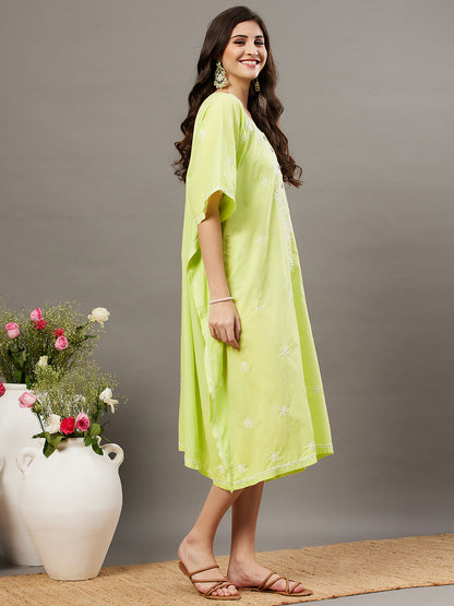 green cotton round neck kaftaan with front buttons