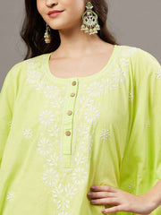 LIME GREEN cotton chikankari kaftan wityh front buttons
