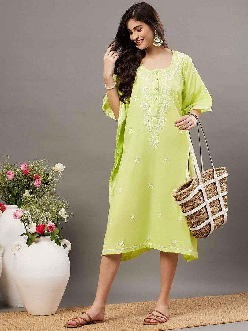 LIME GREEN cotton chikankari kaftan wityh front buttons