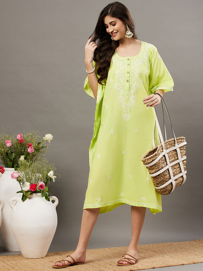 green cotton round neck kaftaan with front buttons