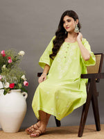 Load image into Gallery viewer, LIME GREEN cotton chikankari kaftan wityh front buttons
