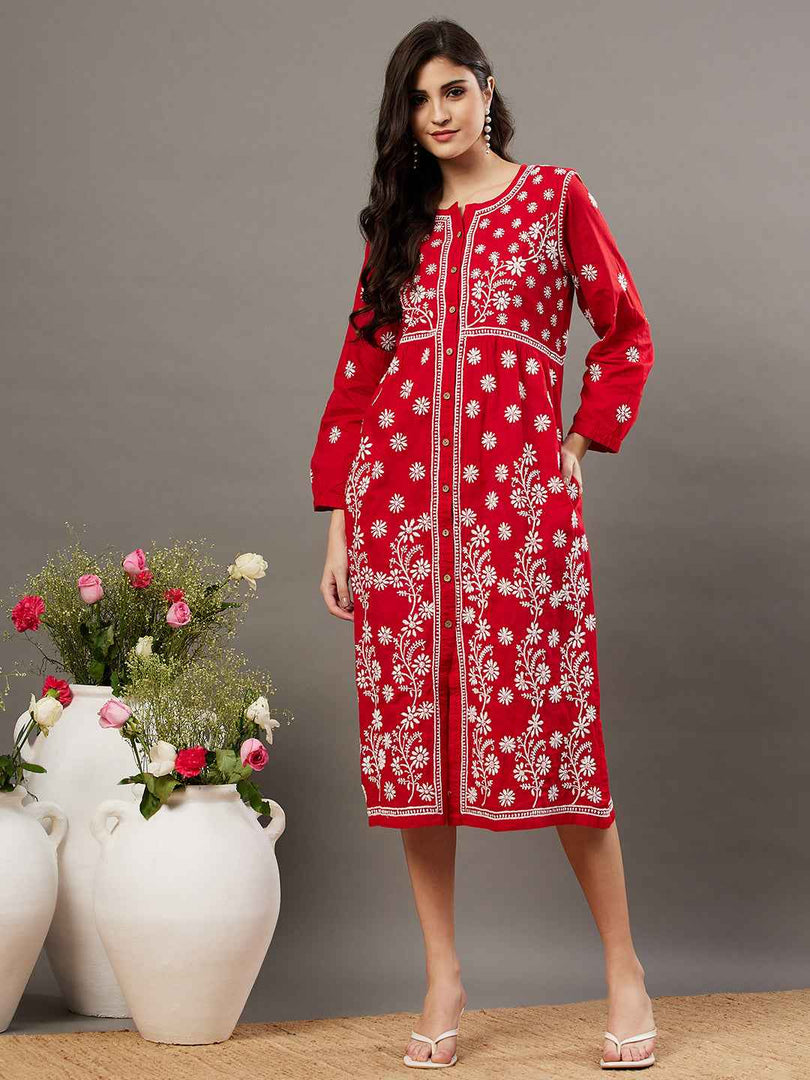 Red cotton dress with front button chikankari