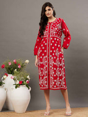 Red cotton dress with front button chikankari