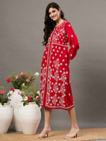 Load image into Gallery viewer, Red cotton dress with front button chikankari
