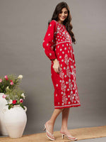 Load image into Gallery viewer, Red cotton dress with front button chikankari
