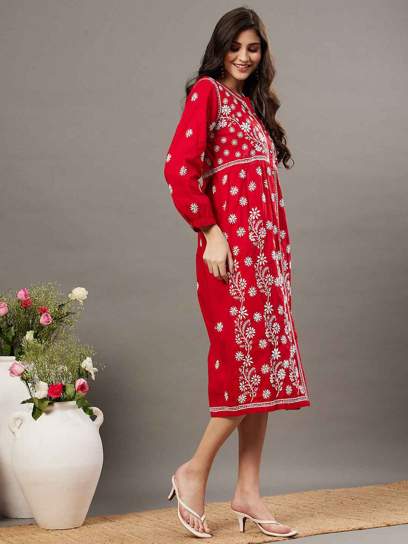 Red cotton dress with front button chikankari