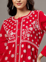 Load image into Gallery viewer, Red cotton dress with front button chikankari
