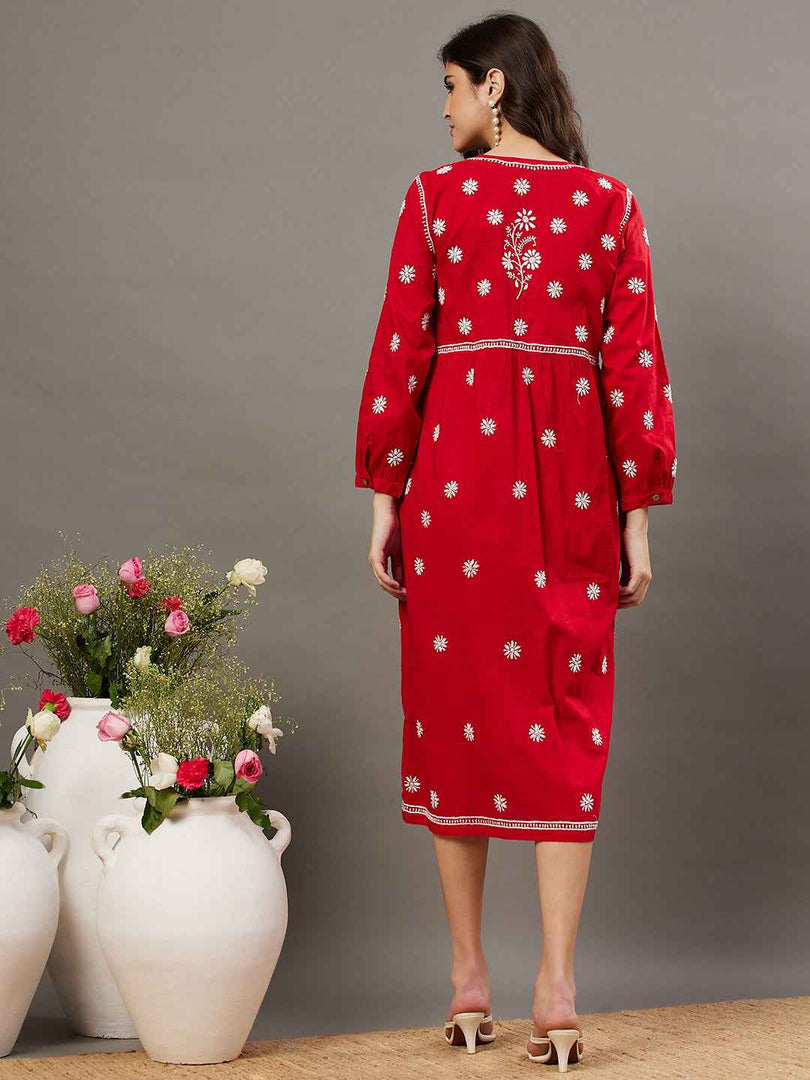 Red cotton dress with front button chikankari