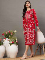 Load image into Gallery viewer, Red cotton dress with front button chikankari
