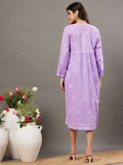 Mauve cotton dress with front button chikankari